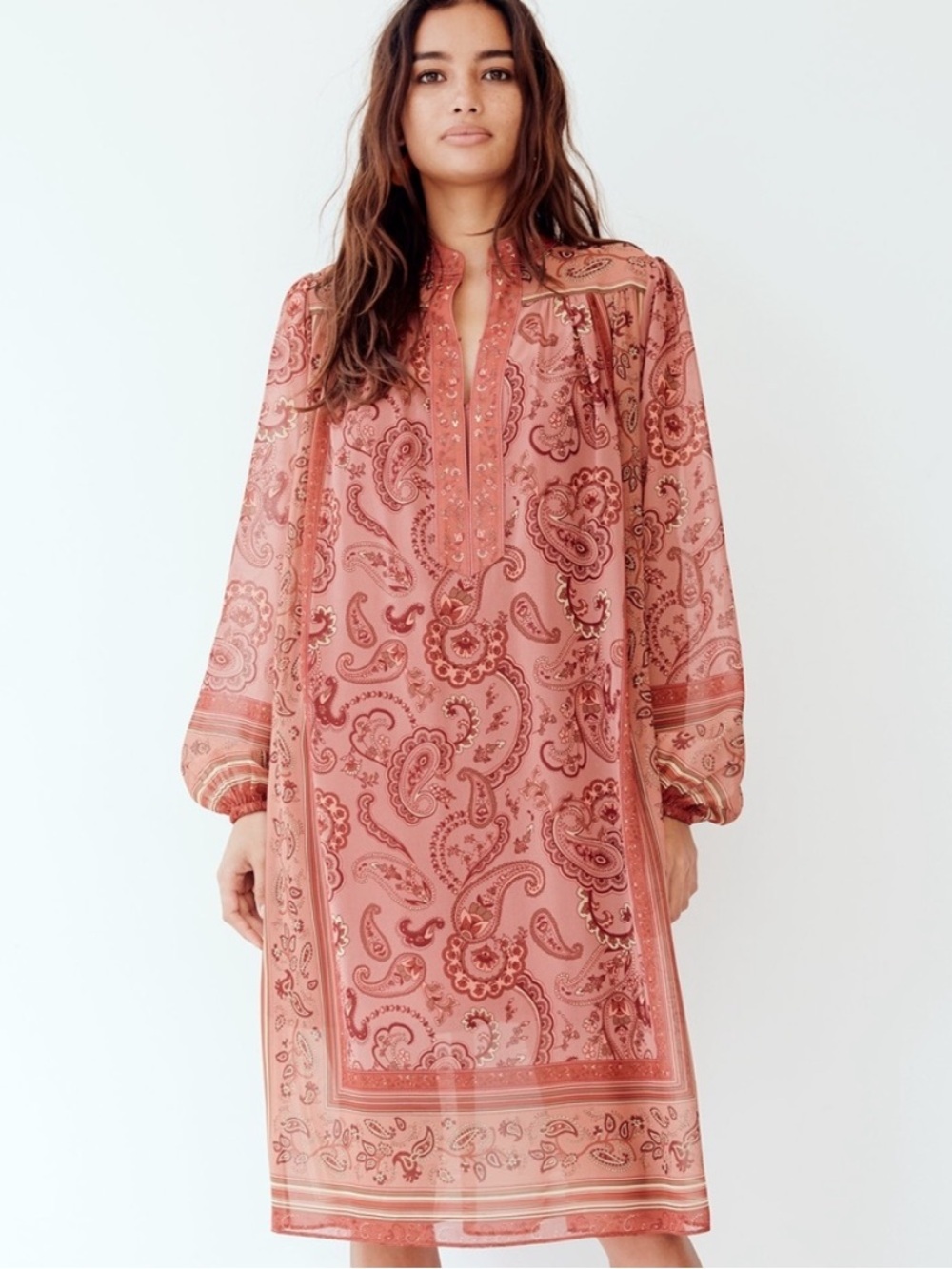 NWT Wilfred Solene Boho Dress Chiffon Long Sleeve Hippie Terracotta Rust Folk